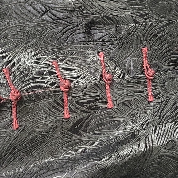 Traditional Chinese Silk Black and Red Feather Animal Print Changshan Jacket - Picture 3 of 7